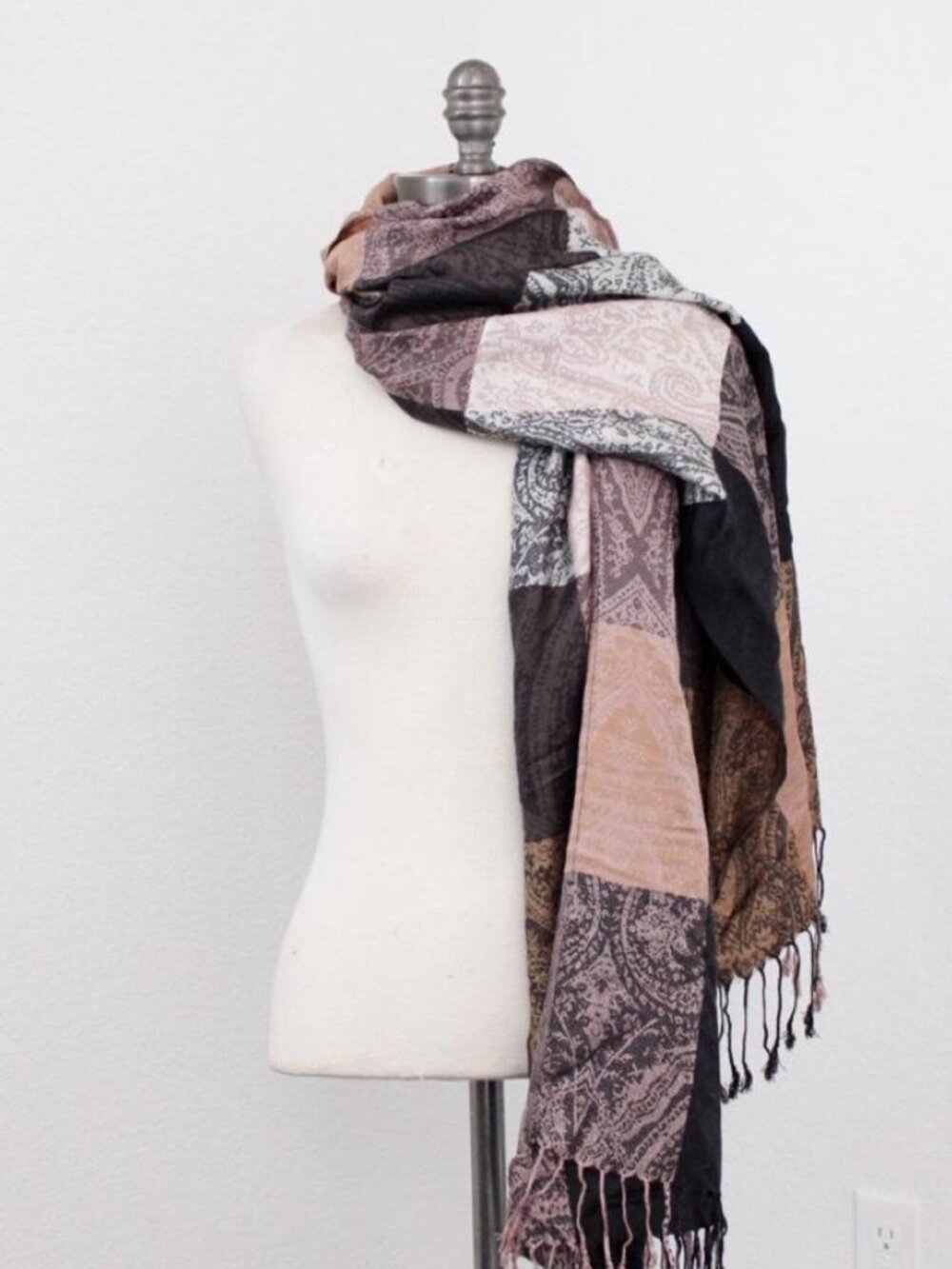 Dark boho multicolored patchwork scarf with tassels